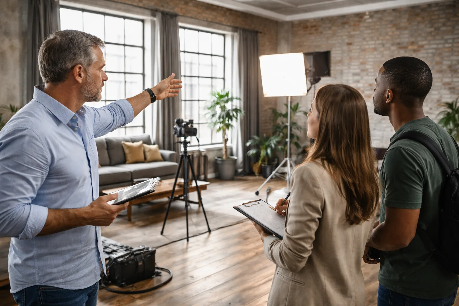 Equipe planejando uma gravação durante orientação técnica em um set — foto ilustrativa