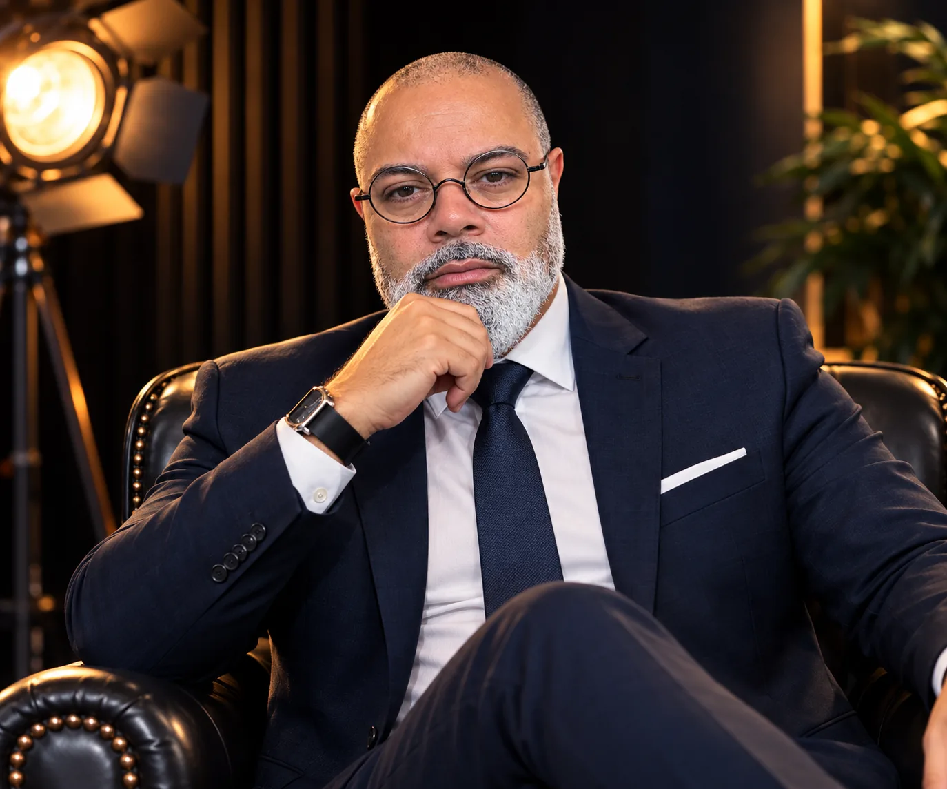 Júlio Cruz em sua mesa de trabalho, ao lado de um claquete de cinema