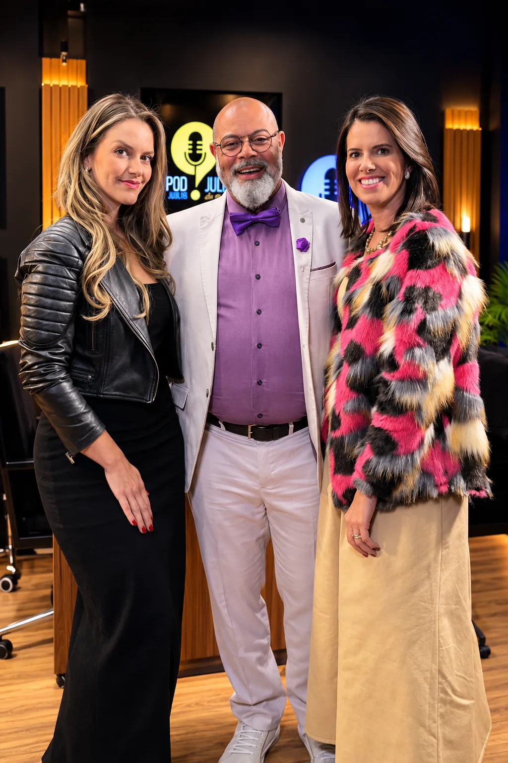 Cenário do PodJulio com Júlio Cruz e entrevistadas no estúdio de gravação