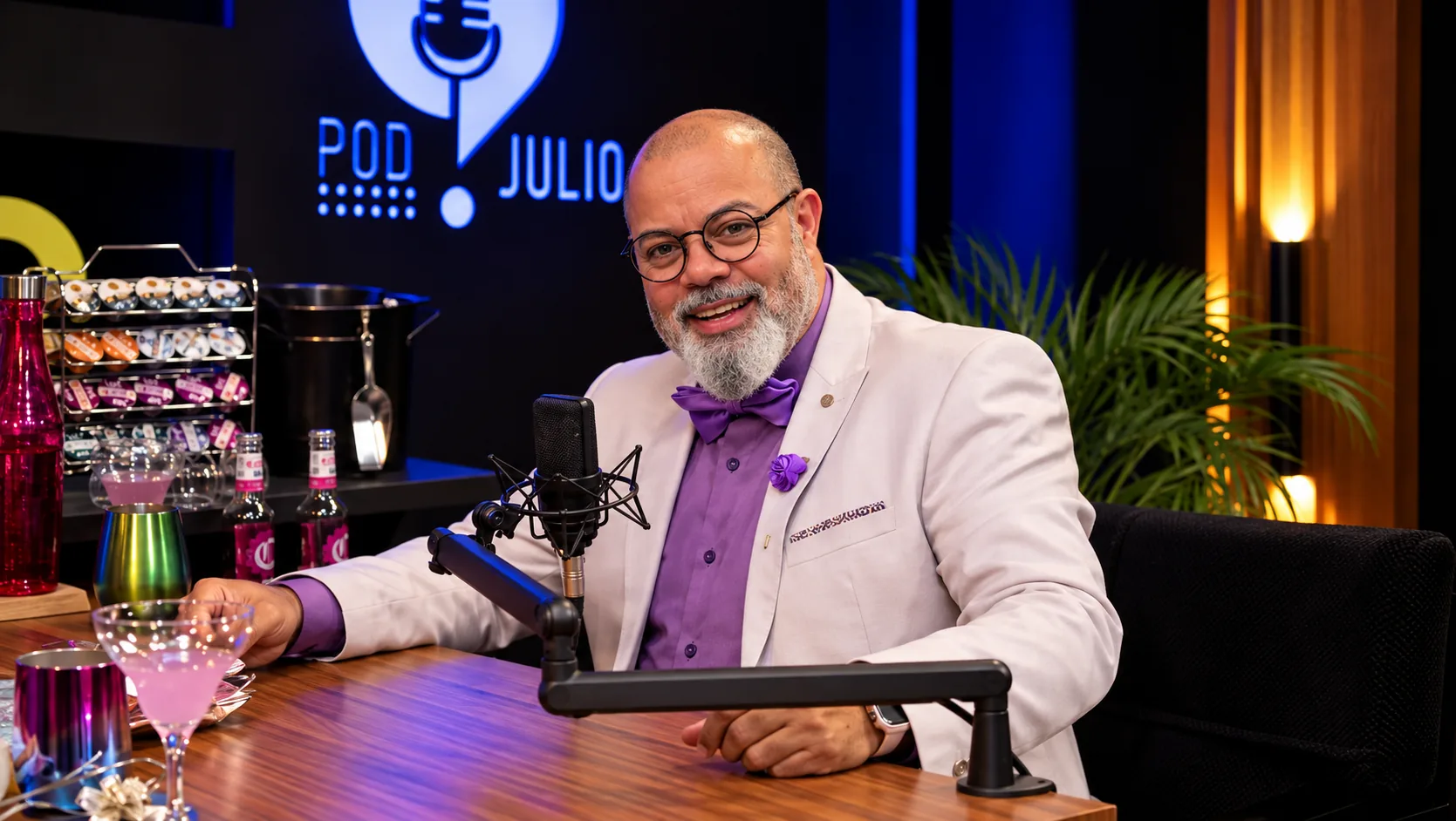 Júlio Cruz sentado em uma poltrona no estúdio do PodJulio