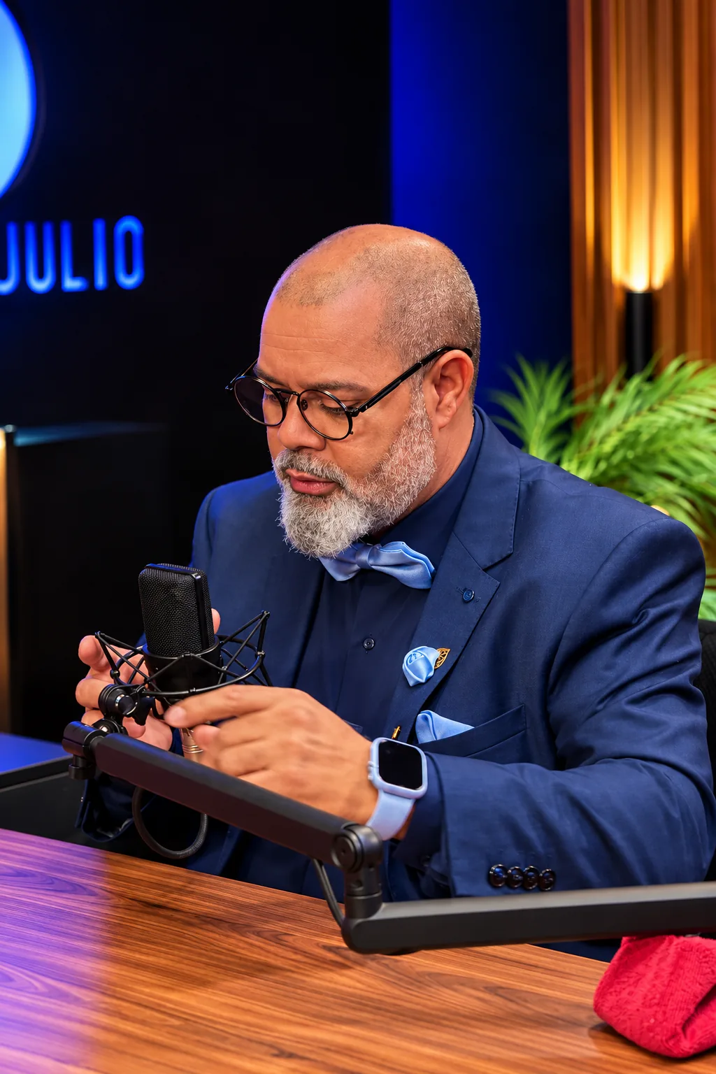 Júlio Cruz de pé no estúdio do PodJulio, segurando uma xícara de café